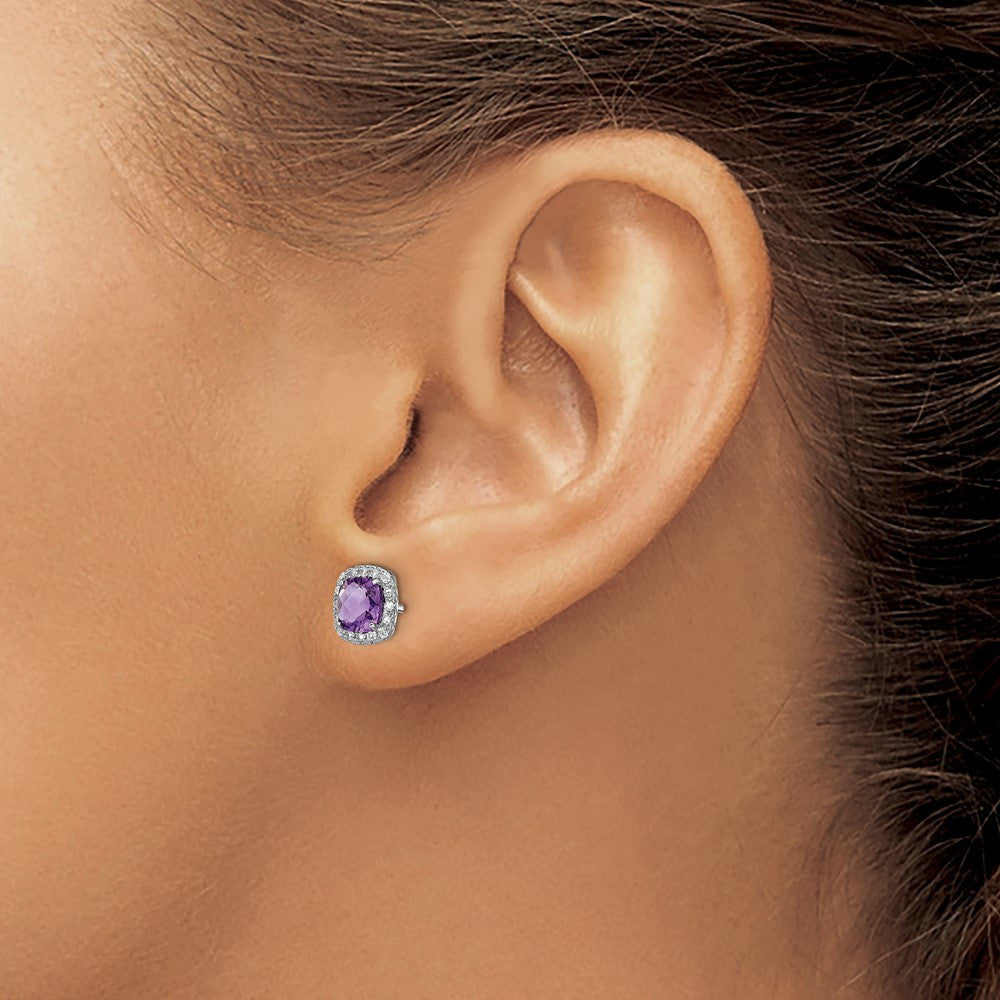 Sterling Silver Rhodium Plated Amethyst and Cr White Sapphire Stud Earrings