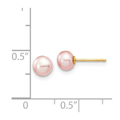 14k Yellow Gold 5-6mm Pink Button Freshwater Cultured Pearl Stud Earrings