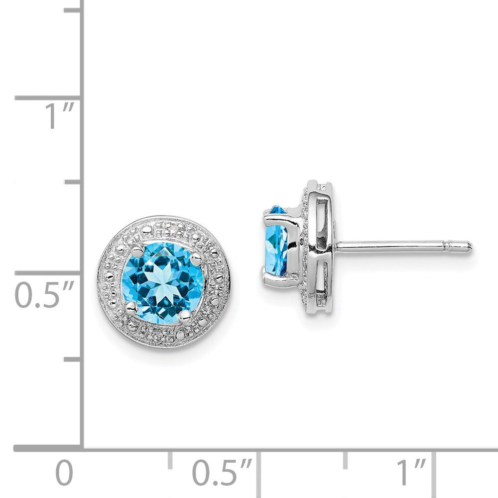 Sterling Silver Rhodium Plated Diamond and Blue Topaz Button Stud Earrings
