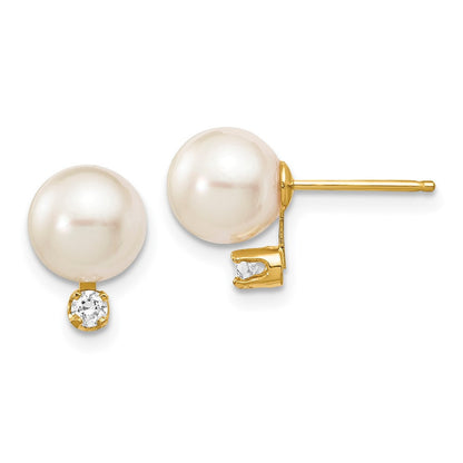 14k Yellow Gold 8mm White Akoya Saltwater Cultured Pearl & Diamond Stud Earrings