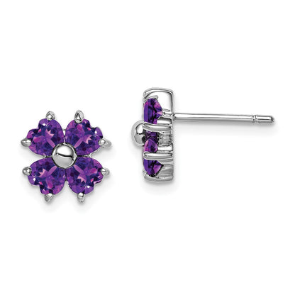 Sterling Silver Rhodium Plated Amethyst Flower Button Stud Earrings