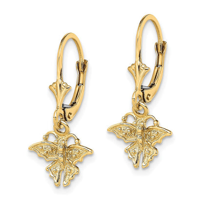 14k Yellow Gold Mini Butterfly Leverback Dangle Earrings
