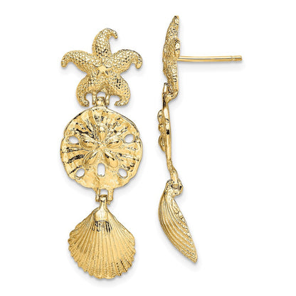 14k Yellow Gold D/C Starfish, Shell ,Sand Dollar Dangle Earrings