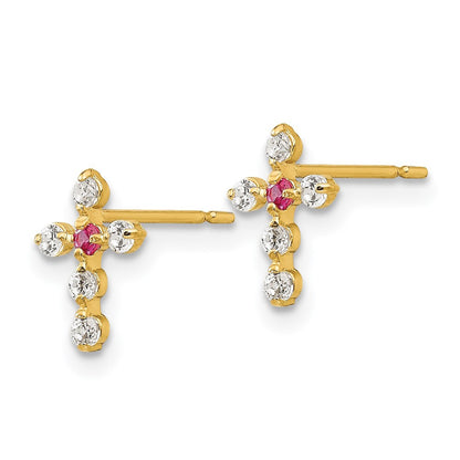 14k Yellow Gold CZ Children's Cross Button Stud Earrings