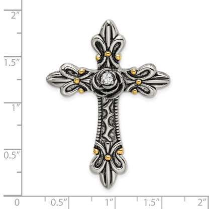 Sterling Silver Gold-plated CZ Antiqued Cross Slide