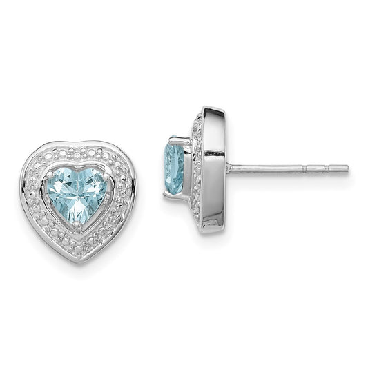Sterling Silver Rhodium-plated Aquamarine Teardrop Heart Button Stud Earrings