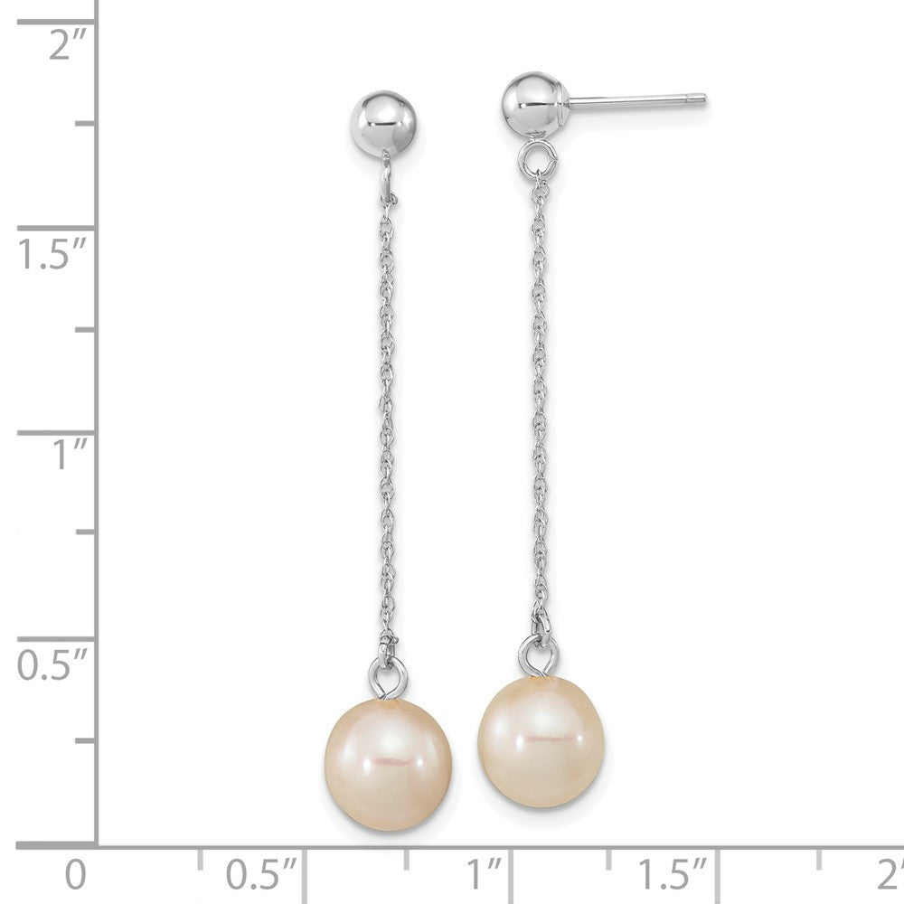 14K White Gold 7-8mm White Round Freshwater Cultured Pearl Dangle Earrings