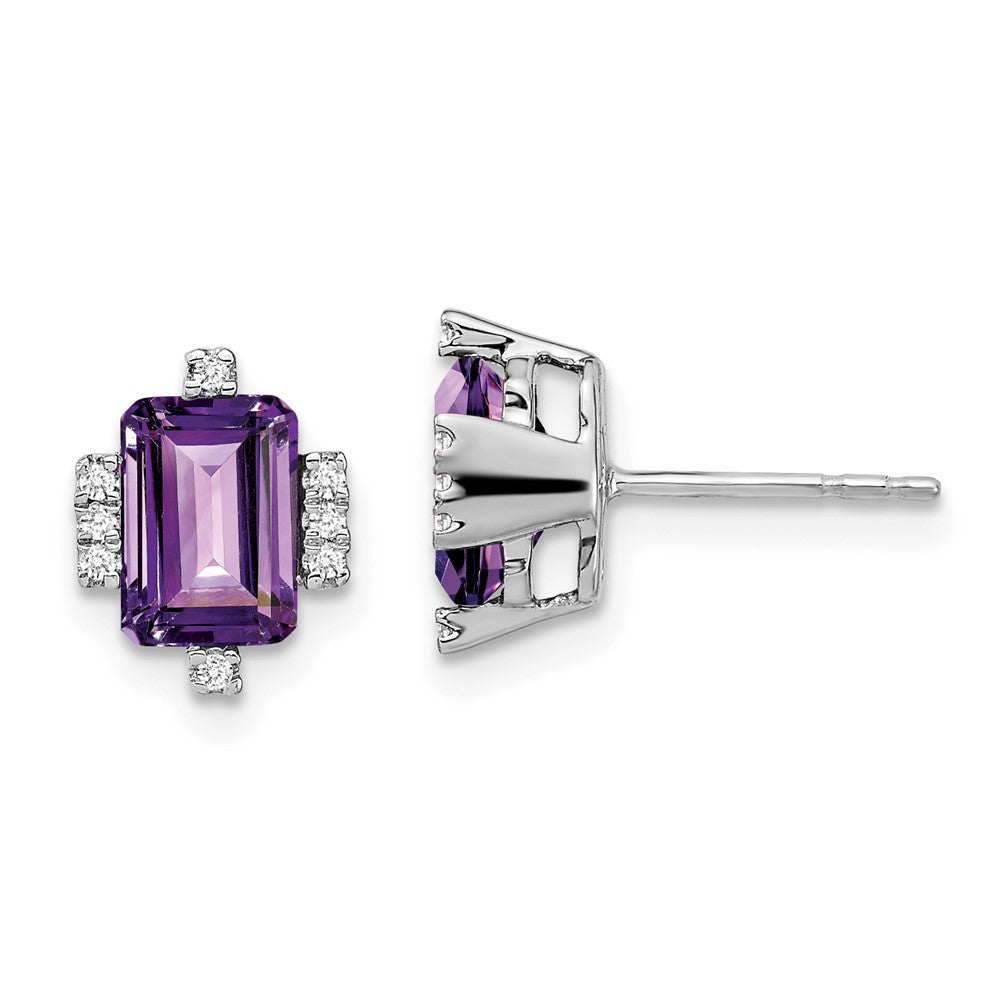 14k White Gold Emerald-shape Amethyst and Diamond Stud Earrings