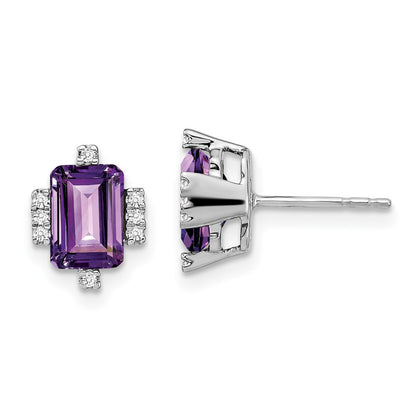 14k White Gold Emerald-shape Amethyst and Diamond Stud Earrings