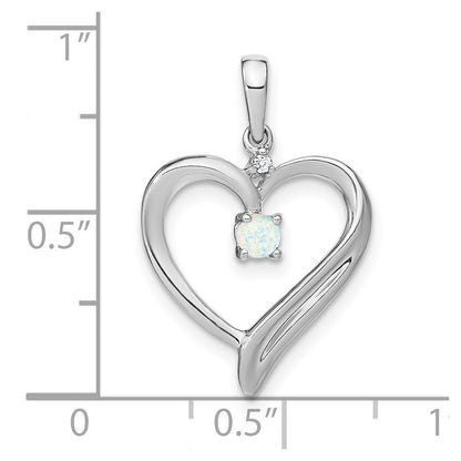 14k White Gold Created Opal and Diamond Heart Pendant