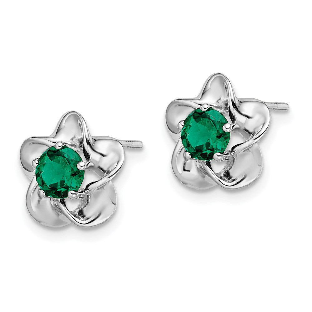 Sterling Silver Rhodium-plated Floral Created Emerald Button Stud Earrings