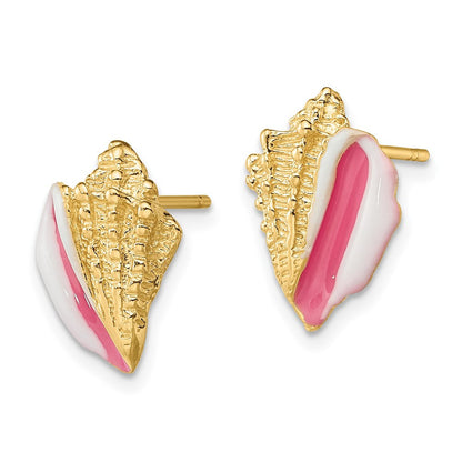14k Yellow Gold White and Pink Enamel Conch Shell Stud Earrings