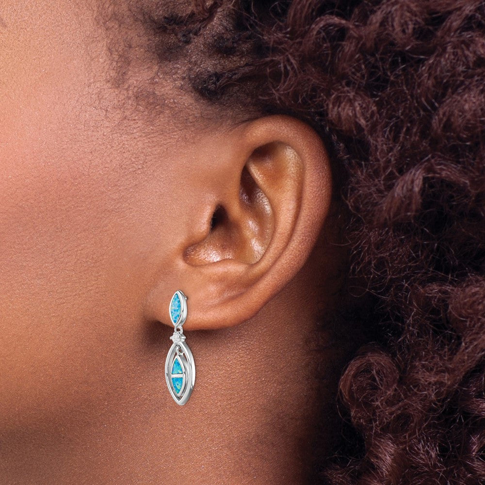 Sterling Silver RH-plated CZ & Blue Cr. Opal Marquise Dangle Earrings
