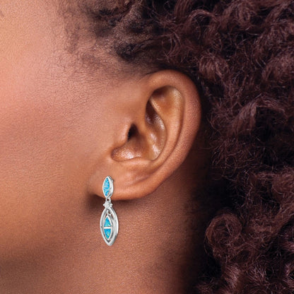 Sterling Silver RH-plated CZ & Blue Cr. Opal Marquise Dangle Earrings