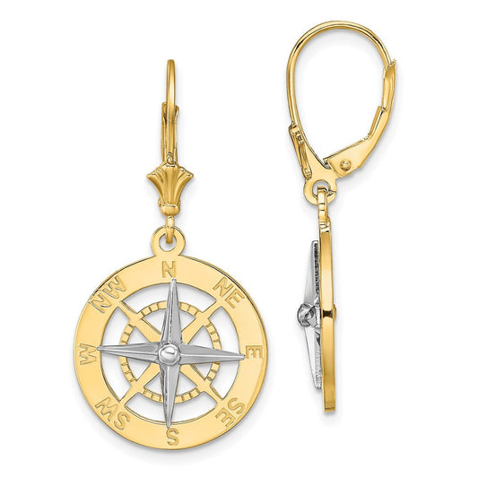 14k Two-tone Gold W/ Rhodium Nautical Compass Leverback Drop & Dangle Earrings