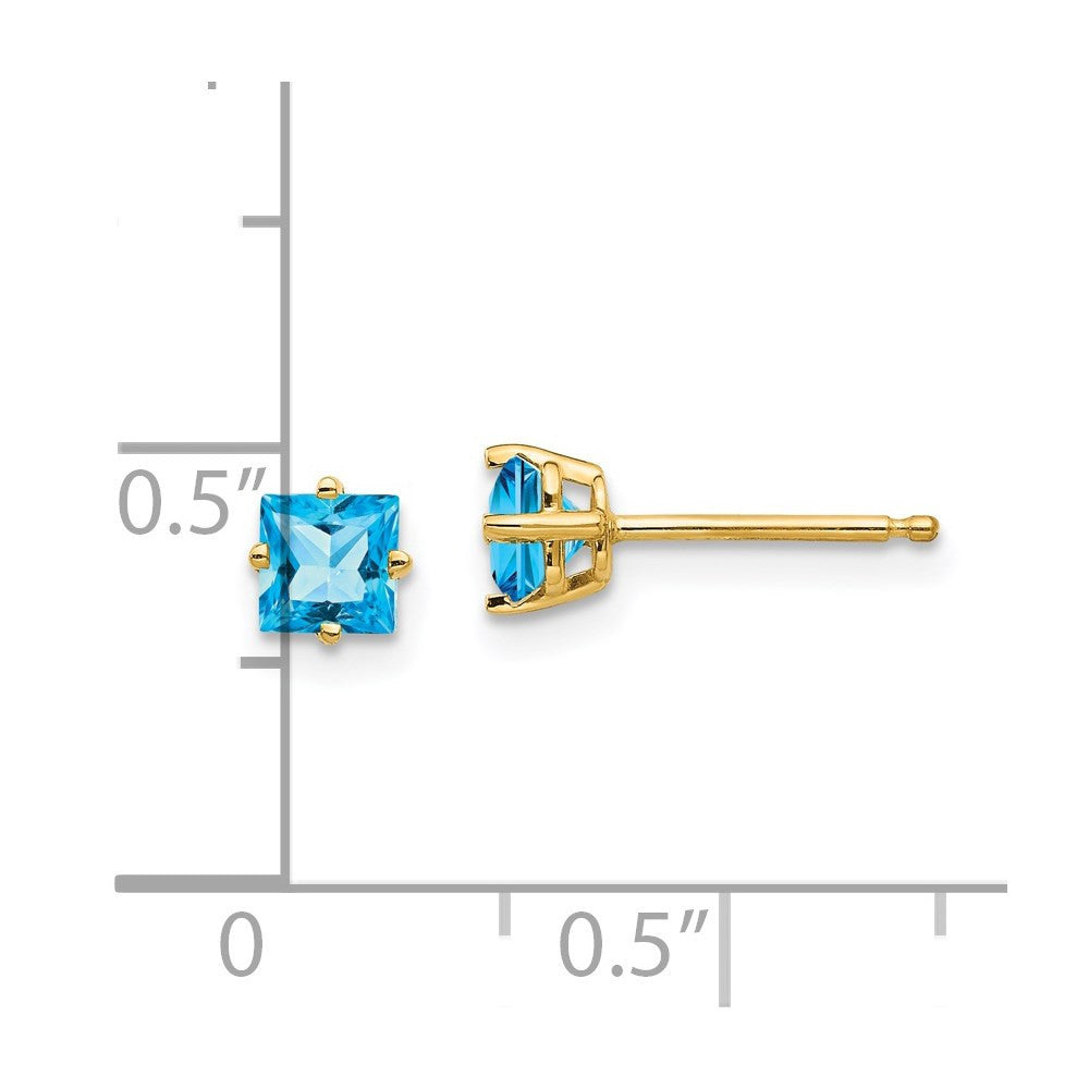 14k Yellow Gold 4mm Princess Cut Blue Topaz Stud Earrings