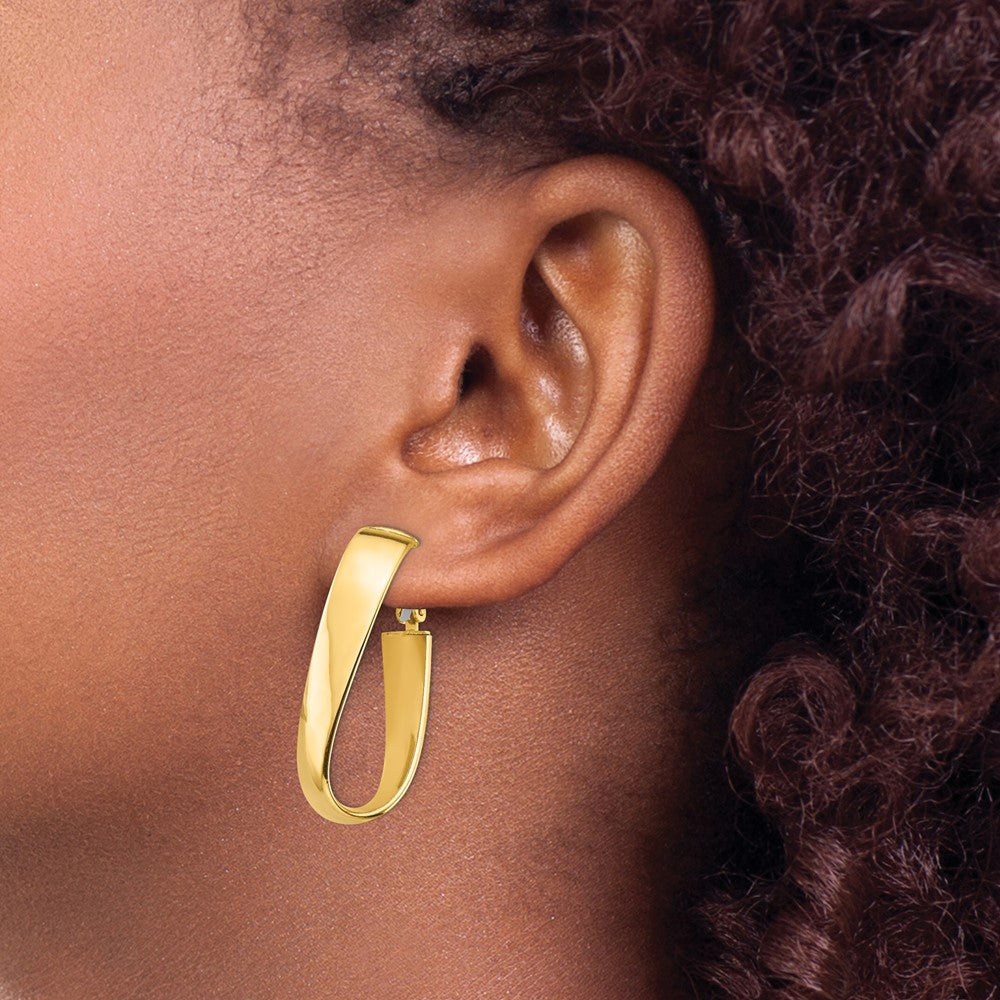 14k Yellow Gold High Polished 7mm Wavy Oval Omega Back Hoop Earrings