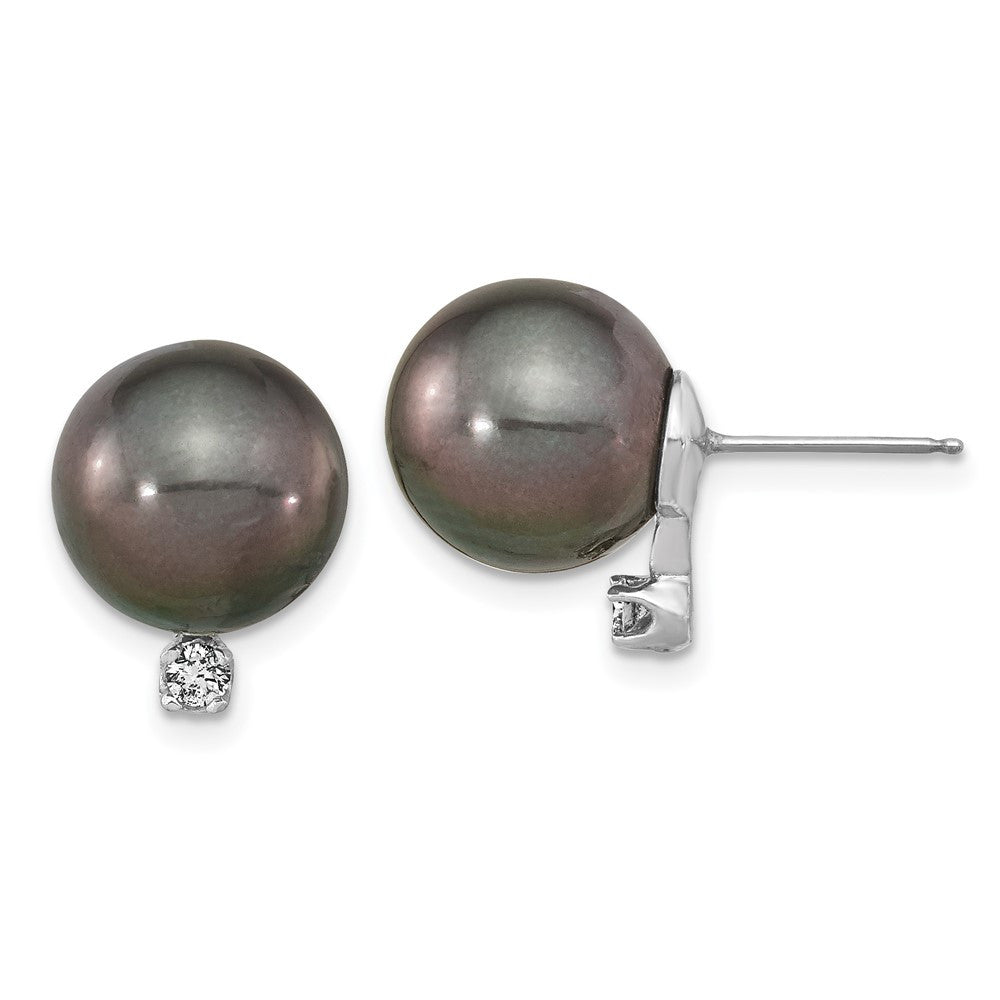 14k White Gold 11mm Black Tahitian Saltwater Cultured Pearl & Diamond Earrings