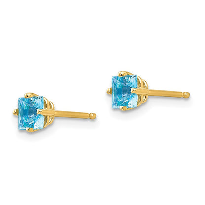 14k Yellow Gold 4mm Princess Cut Blue Topaz Stud Earrings