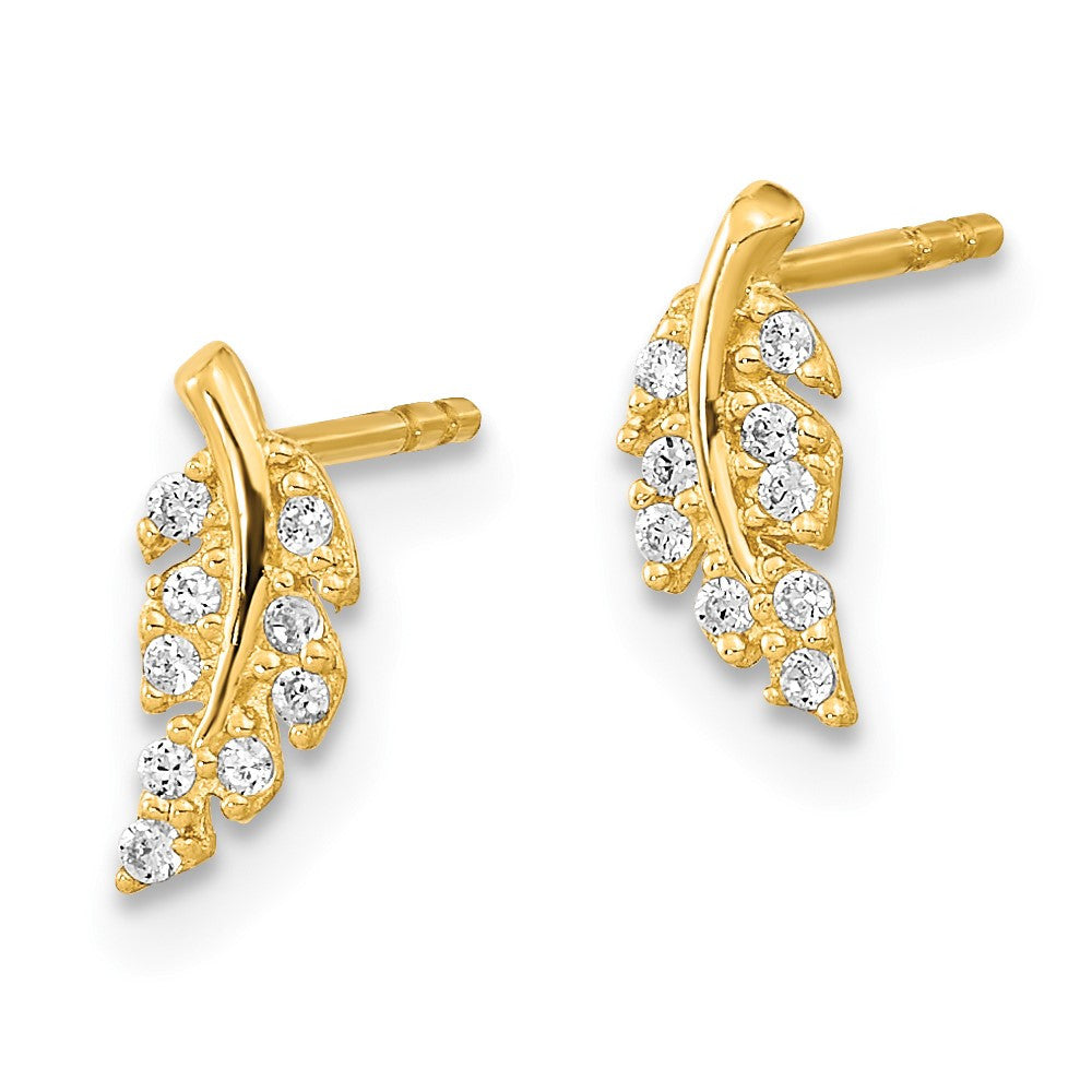 14k Yellow Gold Polished Leaf CZ Button Stud Earrings