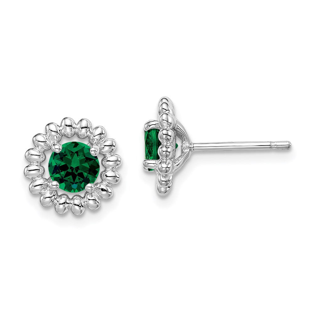 Sterling Silver Rhod-plat Created Emerald Button Stud Earrings