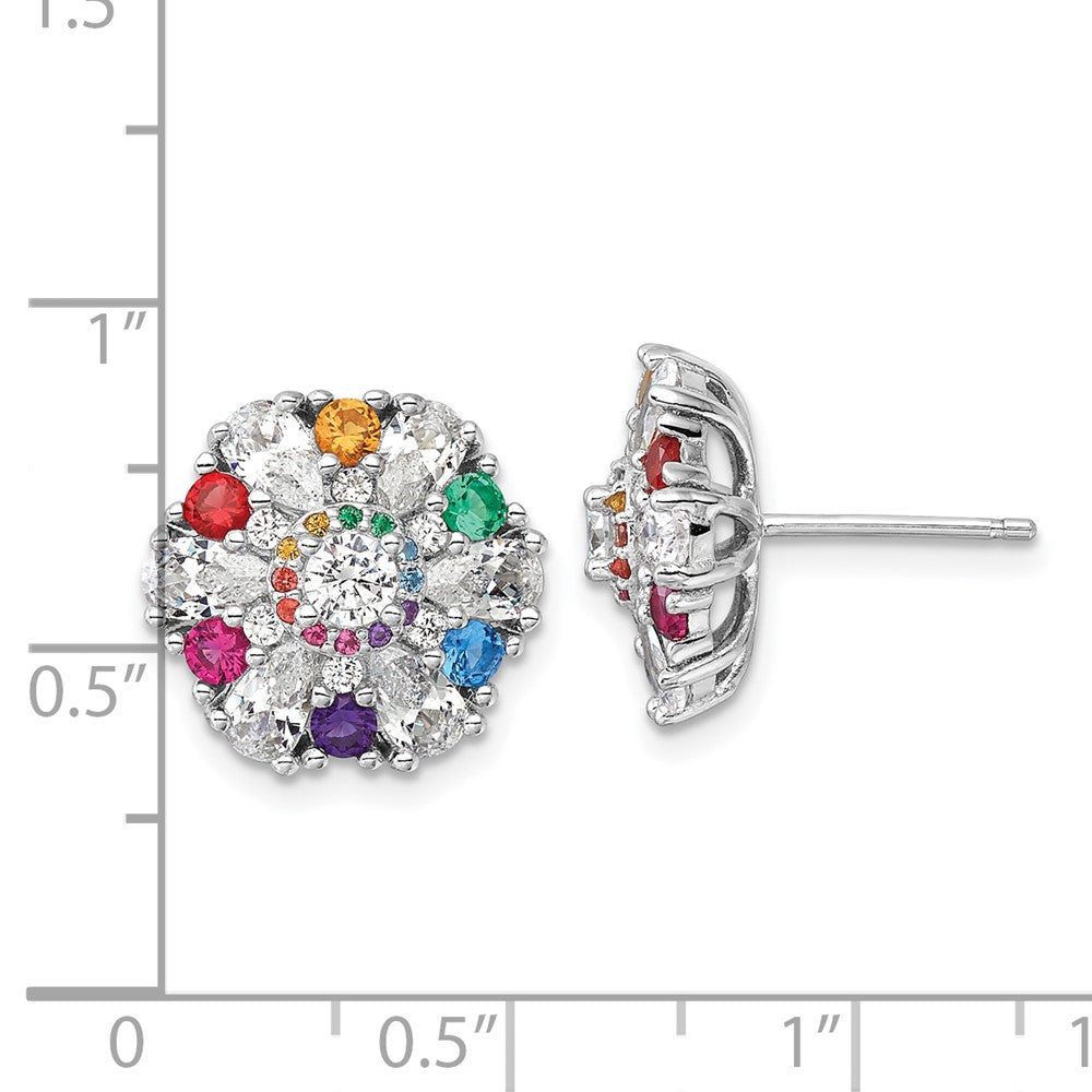 Sterling Silver Rh-pltd Rainbow Nano Crystal and Clear CZ Button Stud Earrings