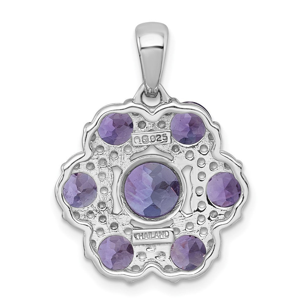 Sterling Silver Rhodium Polished Amethyst & Rose de France Quartz Flower Pendant