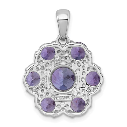 Sterling Silver Rhodium Polished Amethyst & Rose de France Quartz Flower Pendant