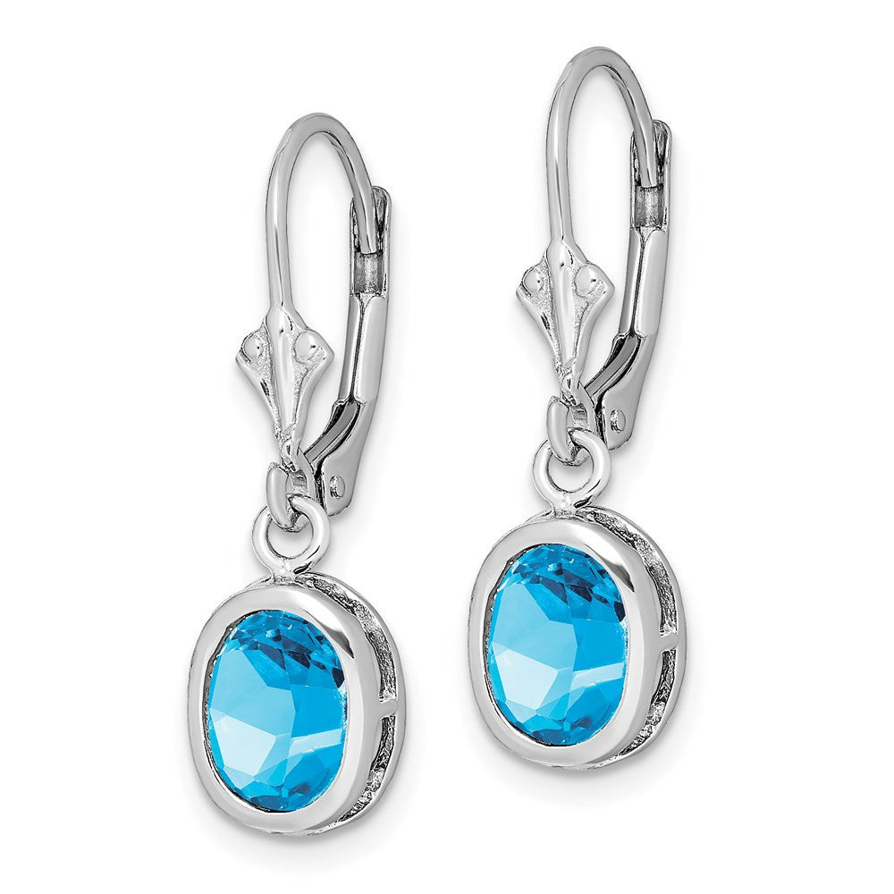 Sterling Silver Rhodium Plated 8x6mm Oval Blue Topaz Leverback Dangle Earrings