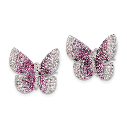 Sterling Silver Rhodium-plated Polished Pink CZ Butterfly Button Stud Earrings