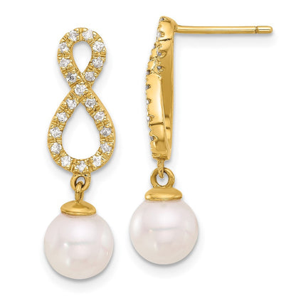 14k Yellow Gold Akoya Saltwater Cultured Pearl Diamond Infinity Dangle Earrings