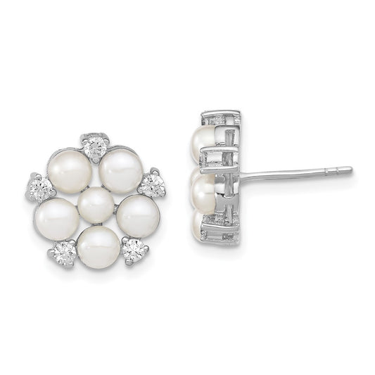 Sterling Silver 3-5mm Button Freshwater Cultured Pearl & CZ Flower Stud Earrings