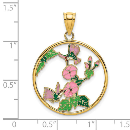 14k Yellow Gold Enamel Hummingbirds and Flowers In Circle Charm Pendant