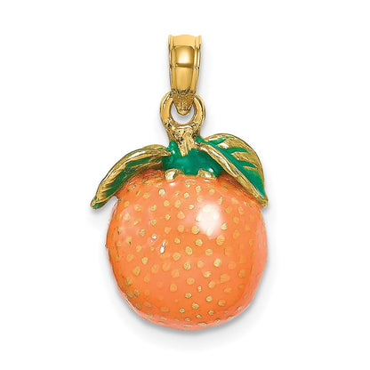 14k Yellow Gold Enamel 3-D Orange With Stem and Leaf Charm Pendant