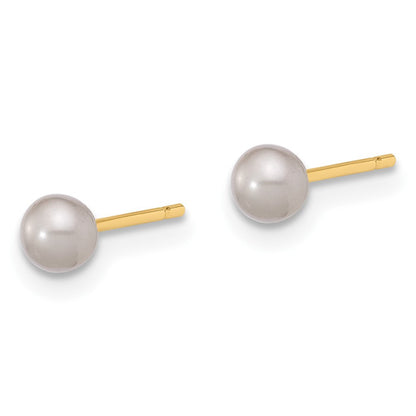 14k Yellow Gold 3-4mm Grey Round Freshwater Cultured Pearl Button Stud Earrings
