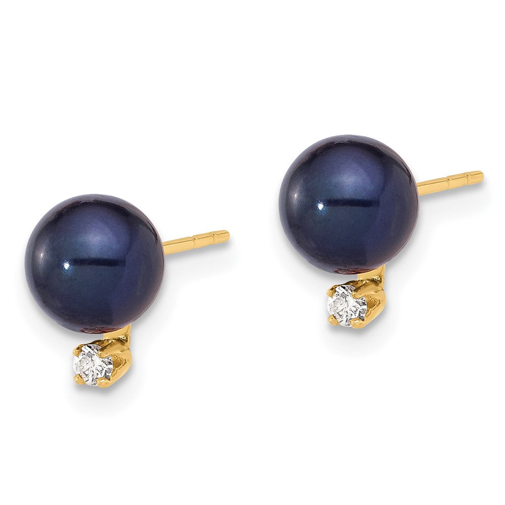14k Yellow Gold 6-7mm Black Freshwater Cultured Pearl & Diamond Stud Earrings