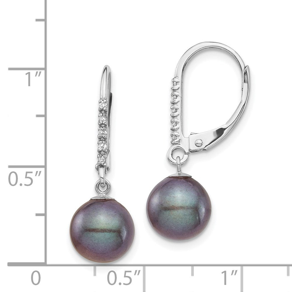 14k Gold 8-9mm Black Freshwater Cultured Pearl and Diamond Dangle Earrings