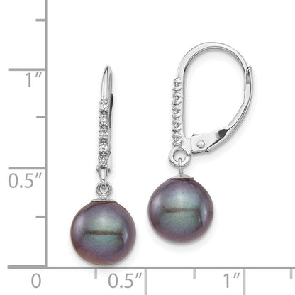 14k Gold 8-9mm Black Freshwater Cultured Pearl and Diamond Dangle Earrings