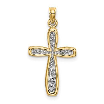 14k Yellow Gold Rhodium Filigree Cross Charm Pendant