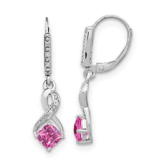 Sterling Silver Rhodium-plated Creat. Pink Sapphire and Diamond Dangle Earrings