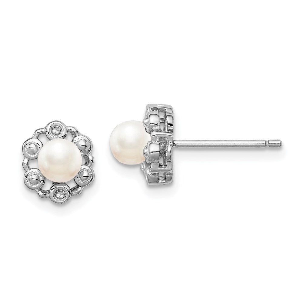 Sterling Silver Rhodium-plated FW Cultured Pearl & Diam. Button Stud Earrings