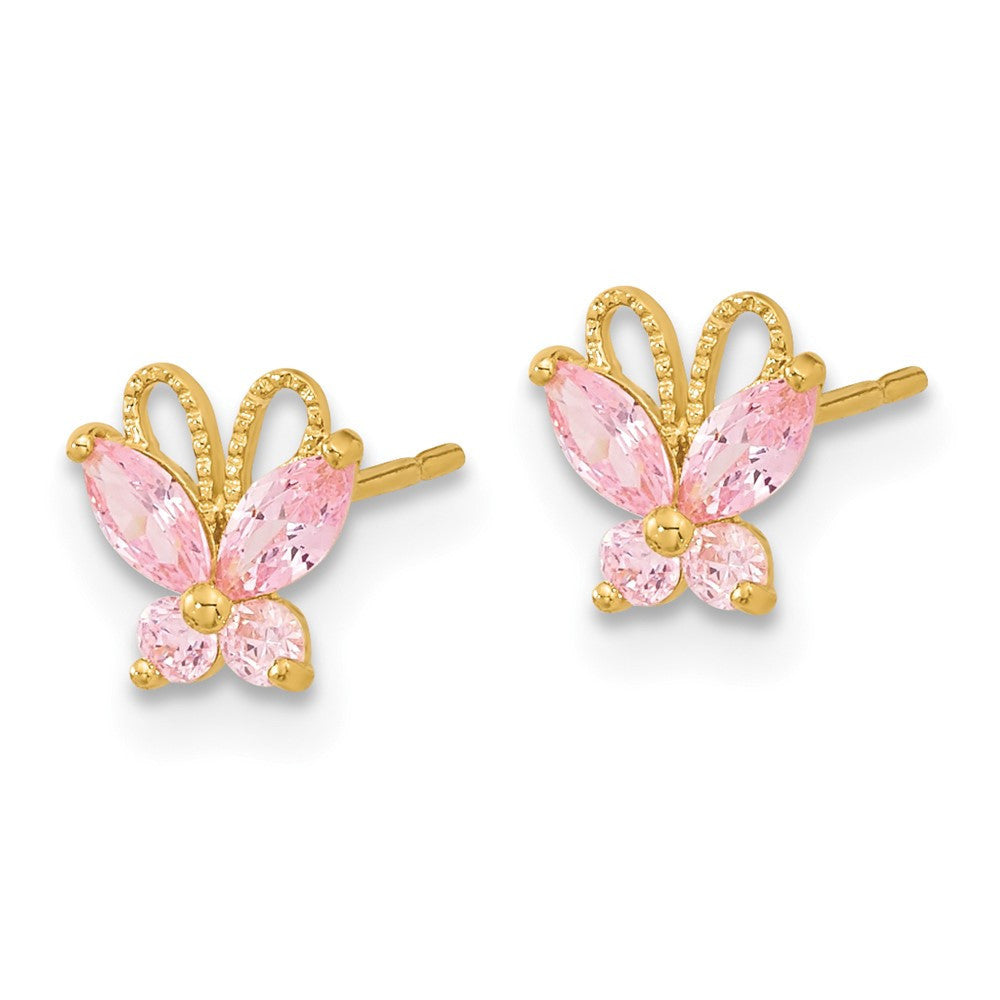 14k Yellow Gold Kids Pink CZ Butterfly Button Stud Earrings
