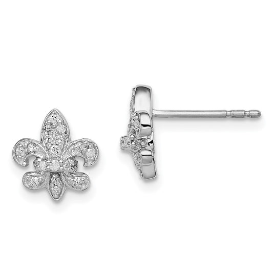 Sterling Silver Rhodium 0.16ct Diam. Fleur de Lis Button Stud Earrings