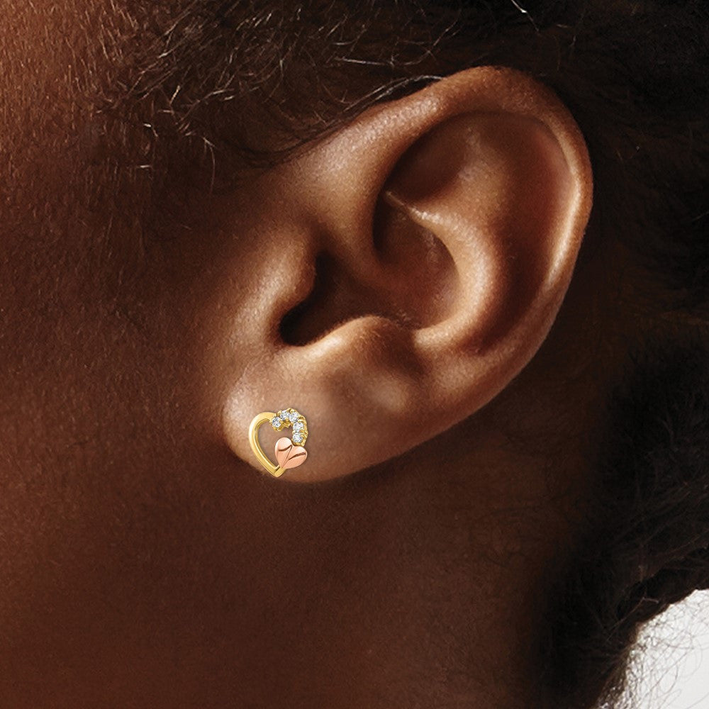 14k Two-tone Gold Cubic Zirconia Heart Stud Earrings