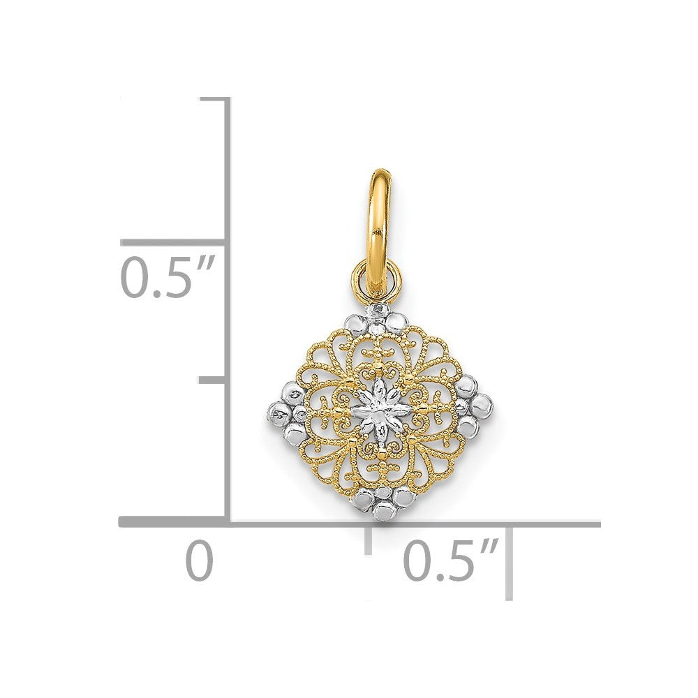 14k Yellow Gold Rhodium Diamond-Cut Mini Filigree Medallion Charm Pendant