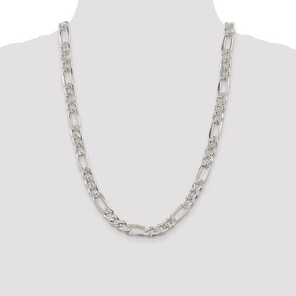 Sterling Silver 9.5mm Pav� Flat Figaro Chain Necklace 24"