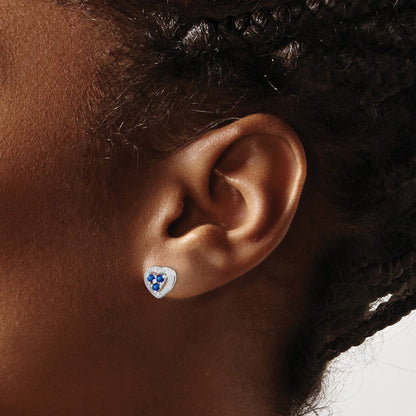 Sterling Silver Rhodium Plated Diamond & Sapphire Heart Button Stud Earrings