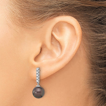 14k Gold Black Tahitian Saltwater Cultured Pearl & Diamond Dangle Earrings