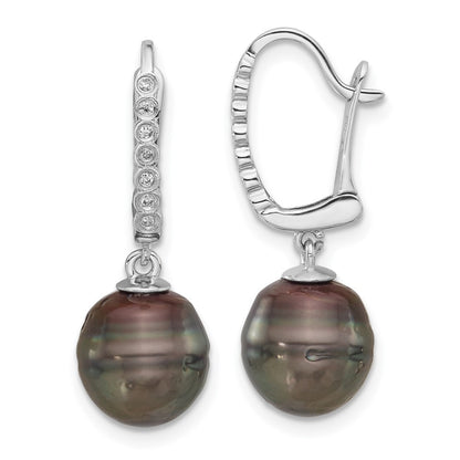 14k Gold Black Tahitian Saltwater Cultured Pearl & Diamond Dangle Earrings