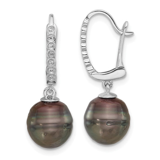 14k Gold Black Tahitian Saltwater Cultured Pearl & Diamond Dangle Earrings